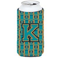 "Letter K Football Aqua, Orange and Marine Blue Tall Boy Beverage Insulator Hugger CJ1063-KTBC"