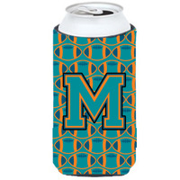 "Letter M Football Aqua, Orange and Marine Blue Tall Boy Beverage Insulator Hugger CJ1063-MTBC"