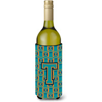 "Letter T Football Aqua, Orange and Marine Blue Wine Bottle Beverage Insulator Hugger CJ1063-TLITERK"