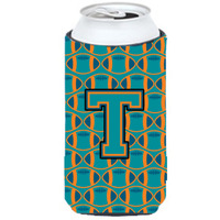 "Letter T Football Aqua, Orange and Marine Blue Tall Boy Beverage Insulator Hugger CJ1063-TTBC"