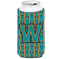 "Letter W Football Aqua, Orange and Marine Blue Tall Boy Beverage Insulator Hugger CJ1063-WTBC"