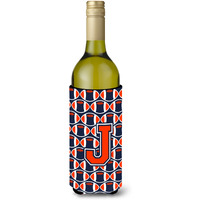"Letter J Football Orange, Blue and white Wine Bottle Beverage Insulator Hugger CJ1066-JLITERK"