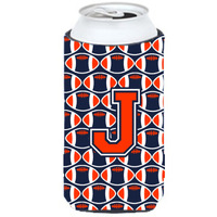 "Letter J Football Orange, Blue and white Tall Boy Beverage Insulator Hugger CJ1066-JTBC"