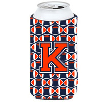 "Letter K Football Orange, Blue and white Tall Boy Beverage Insulator Hugger CJ1066-KTBC"