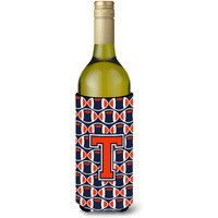 "Letter T Football Orange, Blue and white Wine Bottle Beverage Insulator Hugger CJ1066-TLITERK"