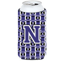 Letter N Football Purple and White Tall Boy Beverage Insulator Hugger CJ1068-NTBC
