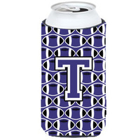 Letter T Football Purple and White Tall Boy Beverage Insulator Hugger CJ1068-TTBC