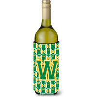 Letter W Football Green and Gold Wine Bottle Beverage Insulator Hugger CJ1069-WLITERK