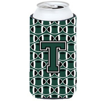 Letter T Football Green and White Tall Boy Beverage Insulator Hugger CJ1071-TTBC