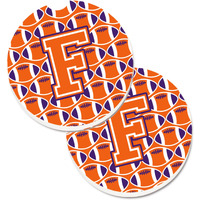"Caroline's Treasures Letter F Football Orange, White & Regalia Set of 2 Cup Holder Car Coasters CJ1072-FCARC, 2.56, Multicolor"