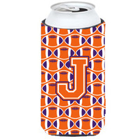 "Letter J Football Orange, White and Regalia Tall Boy Beverage Insulator Hugger CJ1072-JTBC"