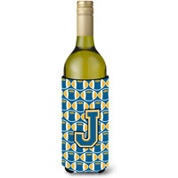 Letter J Football Blue and Gold Wine Bottle Beverage Insulator Hugger CJ1077-JLITERK