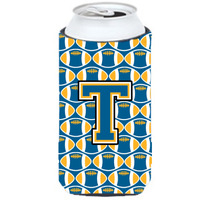 Letter T Football Blue and Gold Tall Boy Beverage Insulator Hugger CJ1077-TTBC