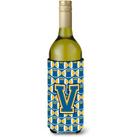 Letter V Football Blue and Gold Wine Bottle Beverage Insulator Hugger CJ1077-VLITERK