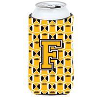 "Letter F Football Black, Old Gold and White Tall Boy Beverage Insulator Hugger CJ1080-FTBC"