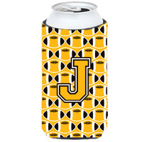"Letter J Football Black, Old Gold and White Tall Boy Beverage Insulator Hugger CJ1080-JTBC"