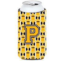 "Letter P Football Black, Old Gold and White Tall Boy Beverage Insulator Hugger CJ1080-PTBC"