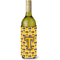 "Letter T Football Black, Old Gold and White Wine Bottle Beverage Insulator Hugger CJ1080-TLITERK"