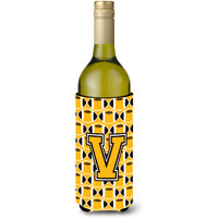 "Letter V Football Black, Old Gold and White Wine Bottle Beverage Insulator Hugger CJ1080-VLITERK"