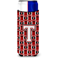 Letter T Football Cardinal and White Ultra Beverage Insulators for slim cans CJ1082-TMUK