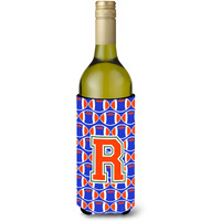 "Letter R Football Green, Blue and Orange Wine Bottle Beverage Insulator Hugger CJ1083-RLITERK"