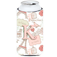 Letter K Love in Paris Pink Tall Boy Beverage Insulator Hugger CJ2002-KTBC