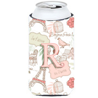 Letter R Love in Paris Pink Tall Boy Beverage Insulator Hugger CJ2002-RTBC