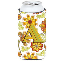 Letter A Floral Mustard and Green Tall Boy Beverage Insulator Hugger CJ2003-ATBC
