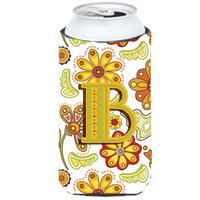 Letter B Floral Mustard and Green Tall Boy Beverage Insulator Hugger CJ2003-BTBC