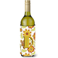 Letter D Floral Mustard and Green Wine Bottle Beverage Insulator Hugger CJ2003-DLITERK