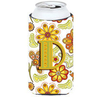 Letter D Floral Mustard and Green Tall Boy Beverage Insulator Hugger CJ2003-DTBC