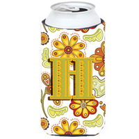 Letter H Floral Mustard and Green Tall Boy Beverage Insulator Hugger CJ2003-HTBC