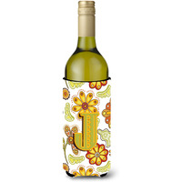 Letter J Floral Mustard and Green Wine Bottle Beverage Insulator Hugger CJ2003-JLITERK