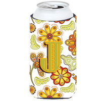 Letter J Floral Mustard and Green Tall Boy Beverage Insulator Hugger CJ2003-JTBC