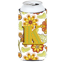 Letter K Floral Mustard and Green Tall Boy Beverage Insulator Hugger CJ2003-KTBC