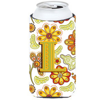 Letter L Floral Mustard and Green Tall Boy Beverage Insulator Hugger CJ2003-LTBC