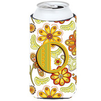 Letter O Floral Mustard and Green Tall Boy Beverage Insulator Hugger CJ2003-OTBC