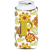 Letter P Floral Mustard and Green Tall Boy Beverage Insulator Hugger CJ2003-PTBC