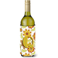 Letter Q Floral Mustard and Green Wine Bottle Beverage Insulator Hugger CJ2003-QLITERK