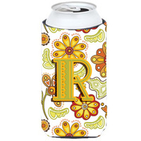 Letter R Floral Mustard and Green Tall Boy Beverage Insulator Hugger CJ2003-RTBC