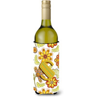 Letter S Floral Mustard and Green Wine Bottle Beverage Insulator Hugger CJ2003-SLITERK