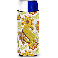 Letter S Floral Mustard and Green Ultra Beverage Insulators for slim cans CJ2003-SMUK