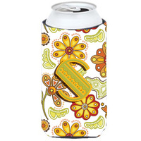 Letter S Floral Mustard and Green Tall Boy Beverage Insulator Hugger CJ2003-STBC