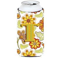 Letter T Floral Mustard and Green Tall Boy Beverage Insulator Hugger CJ2003-TTBC