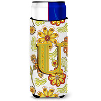 Letter U Floral Mustard and Green Ultra Beverage Insulators for slim cans CJ2003-UMUK