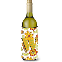 Letter W Floral Mustard and Green Wine Bottle Beverage Insulator Hugger CJ2003-WLITERK