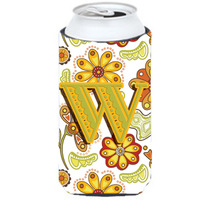 Letter W Floral Mustard and Green Tall Boy Beverage Insulator Hugger CJ2003-WTBC