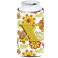 Letter X Floral Mustard and Green Tall Boy Beverage Insulator Hugger CJ2003-XTBC