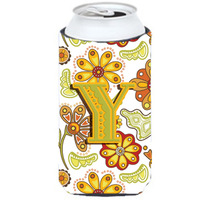 Letter Y Floral Mustard and Green Tall Boy Beverage Insulator Hugger CJ2003-YTBC
