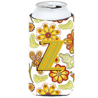 Letter Z Floral Mustard and Green Tall Boy Beverage Insulator Hugger CJ2003-ZTBC